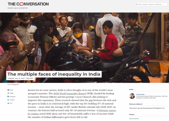 <strong>Kundu Tista </strong>, 2022. The multiple faces of inequality in India, <em>The Conversation</em> (May 30)