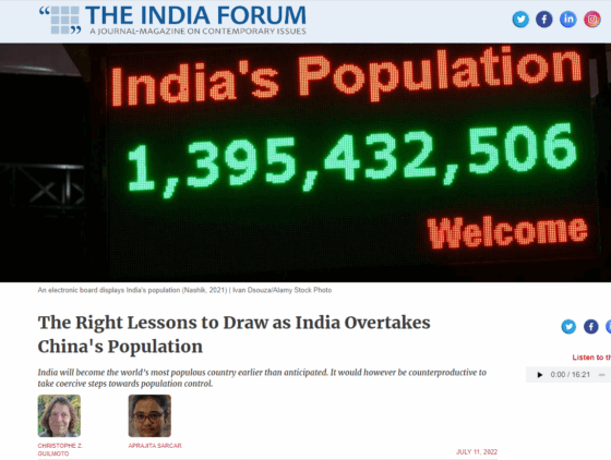 <strong>Guilmoto Z. Christophe, Sarcar Aprajita</strong>, 2022. The Right Lessons to Draw as India Overtakes China’s Population, <em>The India Forum</em> (July 11)