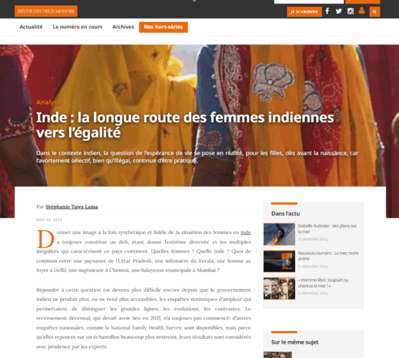 <strong>Tawa Lama, Stéphanie</strong>. 2023. “La Longue Route Des Femmes Indiennes Vers l’égalité.” <em>Revue Des Deux Mondes</em>, 70‑76.