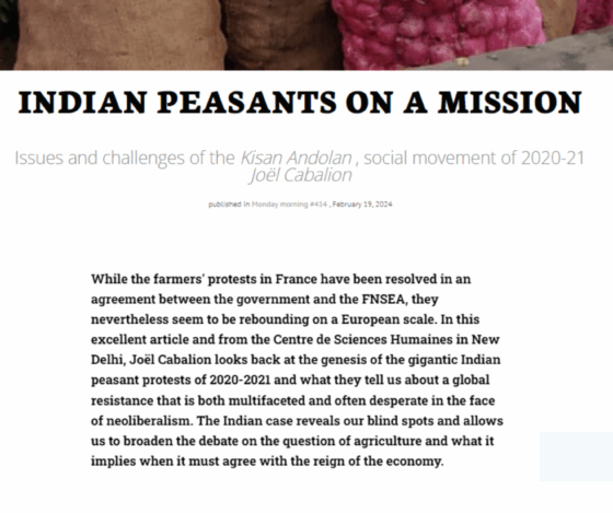 <strong>Cabalion, Joël.</strong> 2024. Enjeux et défis du Kisan Andolan, mouvement social de 2020-21, Lundimatin. February 19.