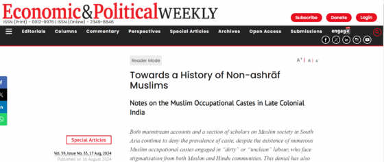 <strong>Niazi, Soheb,</strong> 2024. “Towards a History of Non-ashrāf Muslims.” <em>Economic & Political Weekly.</em>