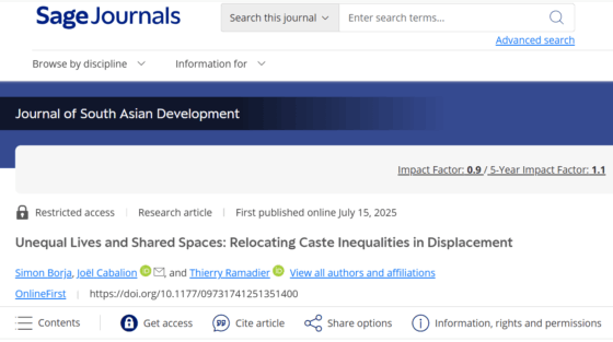<strong>Borja, Simon., Joël, Cabalion., Thierry Ramadier.</strong> 2025. “Unequal Lives and Shared Spaces: Relocating Caste Inequalities in Displacement.” <em>Journal of South Asian Development.</em>